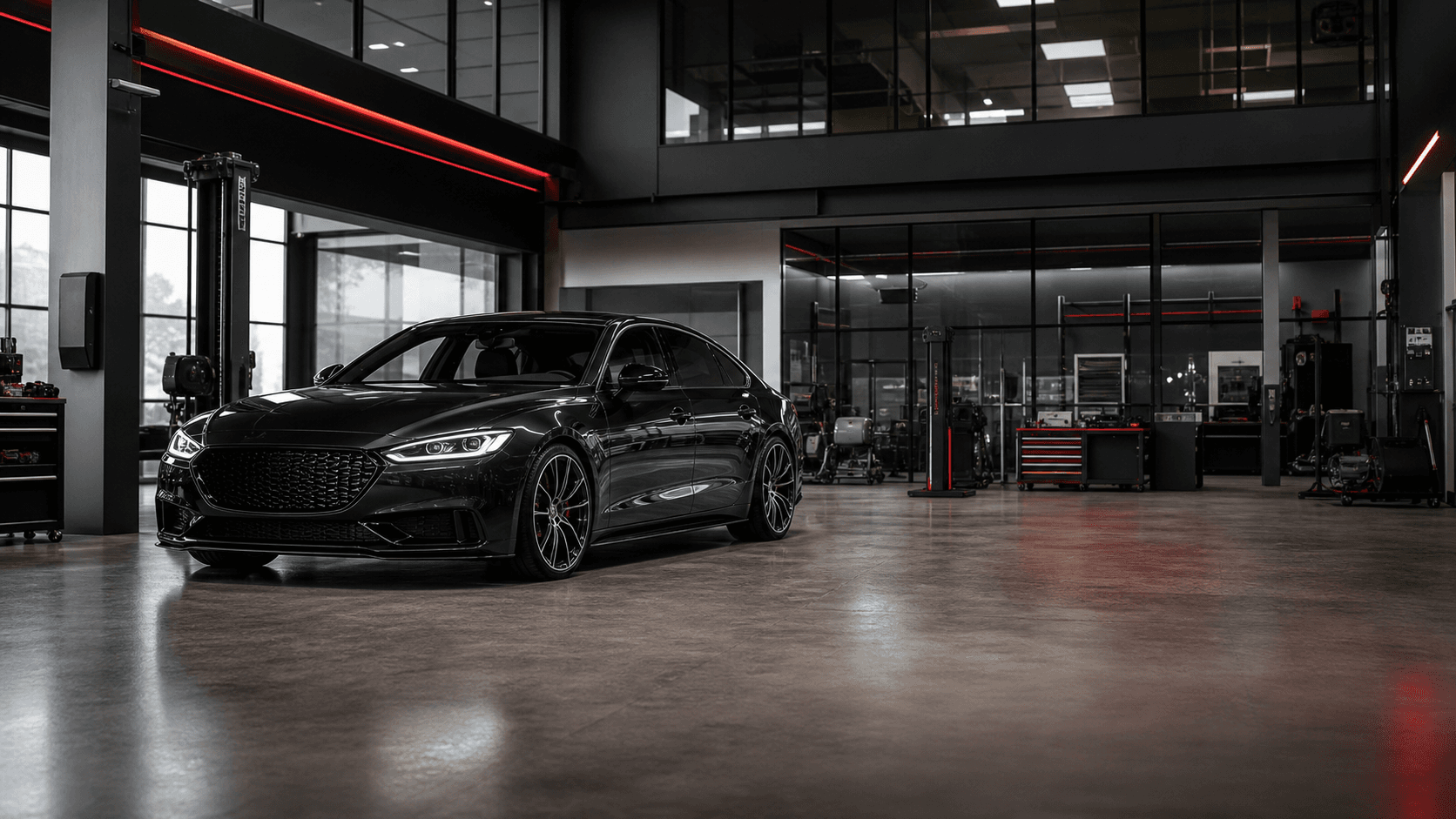 Atelier moderne Alpha Auto avec véhicule premium